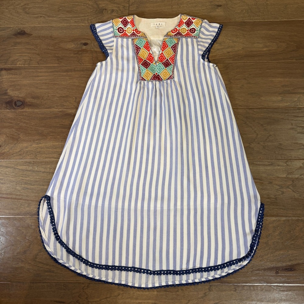 THML Striped Embroidered V Neck Tunic Dress Blue White XS‎